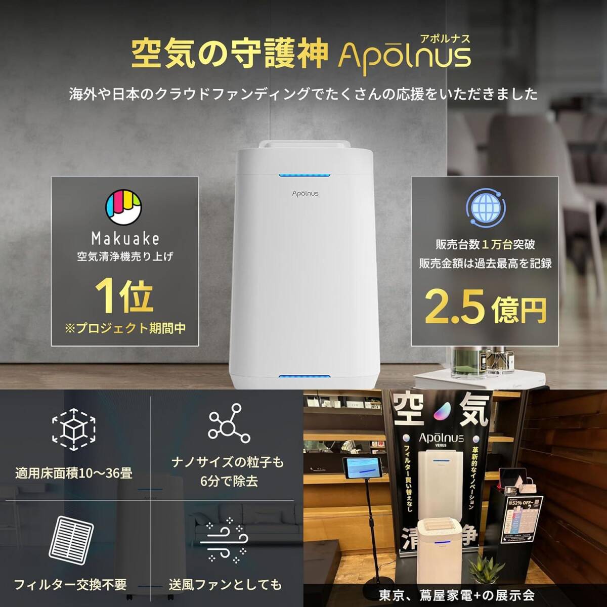 空気清浄機 大型 36畳対応 フィルター交換不要 花粉PM2.5対応・静音・アプ
