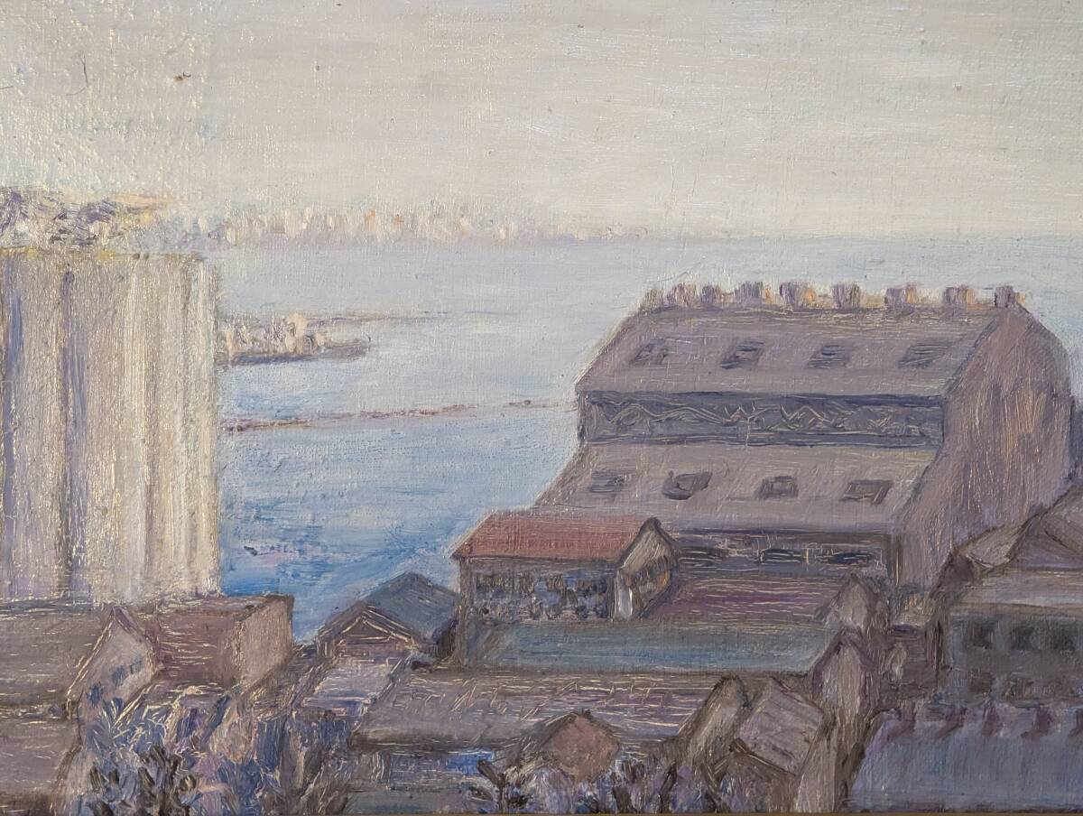 真作】絵画 油彩4号 湾岸に佇む倉庫群 静謐な海辺の風景画 X144 真作