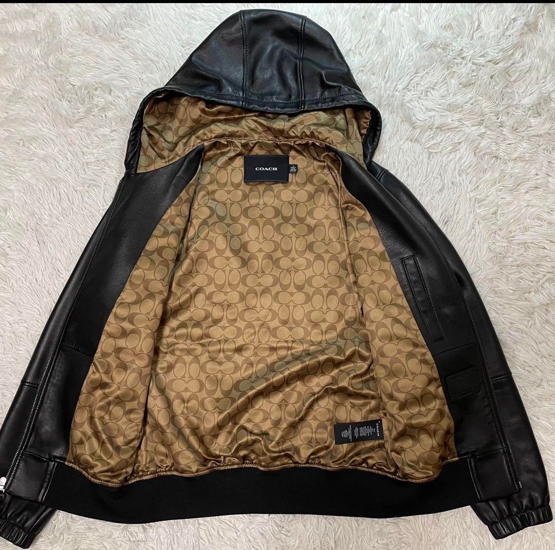 コーチ COACH 本革 レザーパーカー ラムレザー 裏地シグネチャー 黒 羊