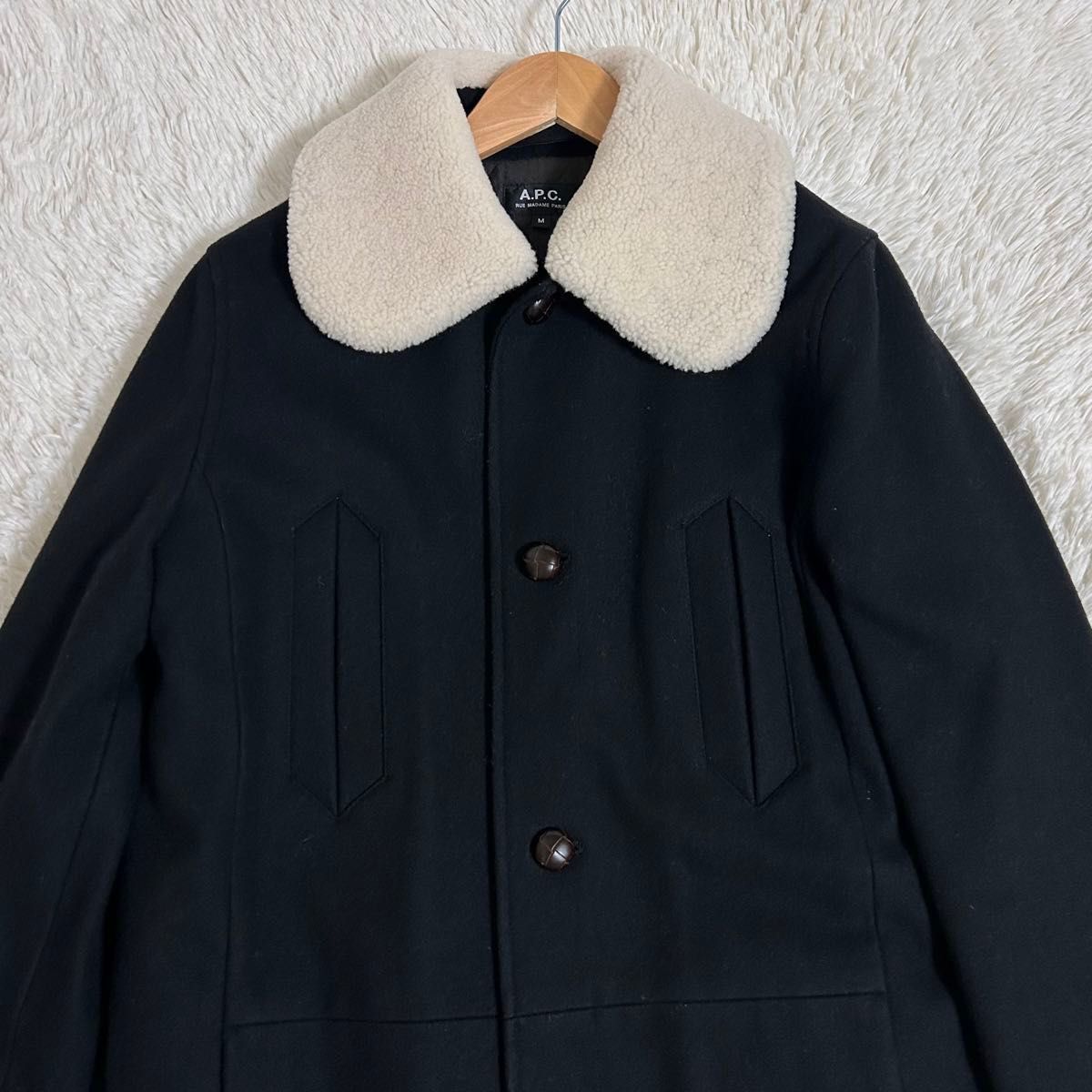 最終値下げ A P C ボア 襟 コート 襟取り外し可 ウール ネイビー