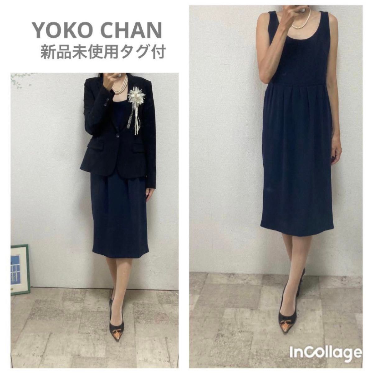 新品未使用タグ付 ヨーコチャン膝丈ワンピース38 ネイビー