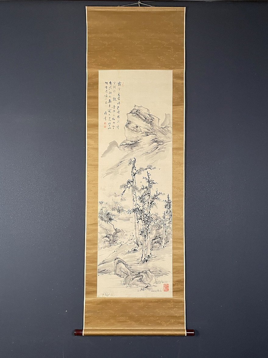 真作/川島富美次/菊にトンボ図/桐共箱付/布袋屋掛軸HI-430 真作/川島