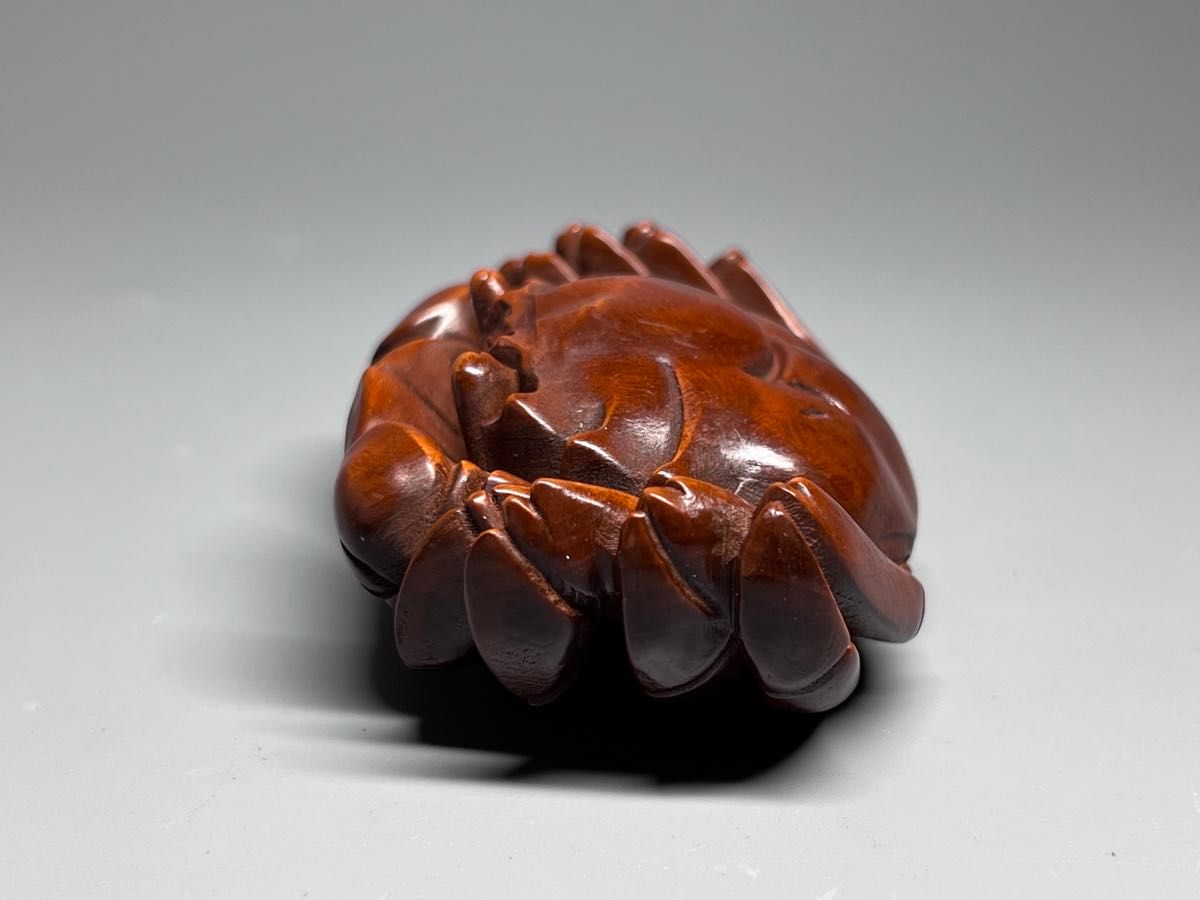 古美術 置物 木製 拓植 黄楊木 細工彫刻 カニ 蟹 根付 提げ物 開運