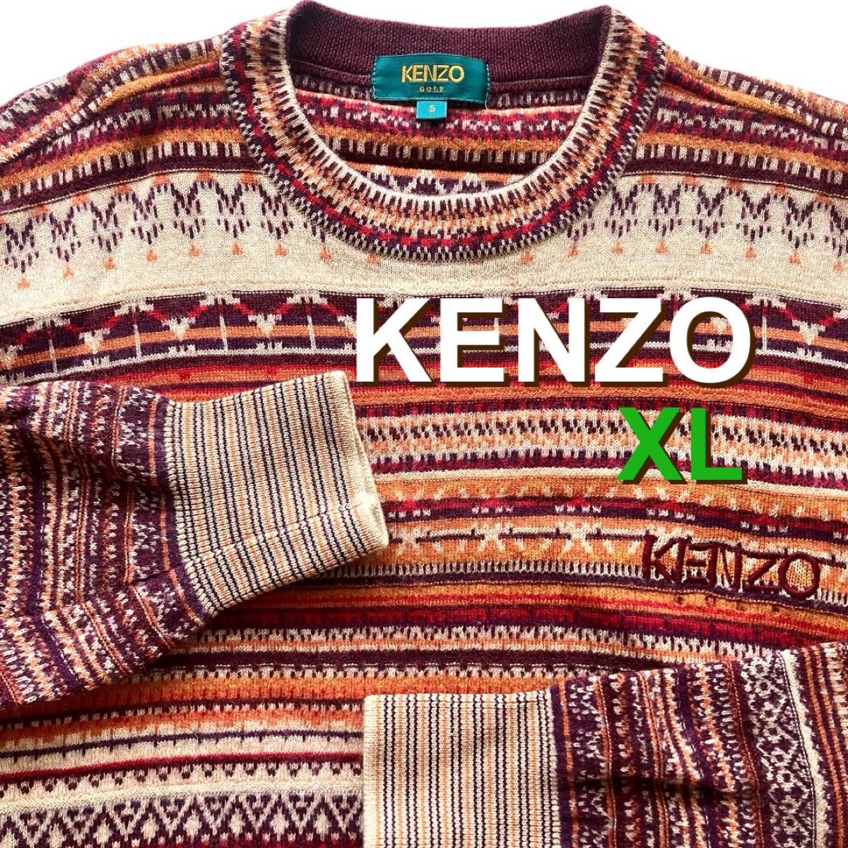 極美品 KENZO GOLF ニット セーター XL 5 マルチカラー ウール100 刺繍