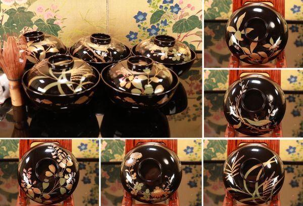 輪島塗 図替わり 草花蒔絵 吸物椀 五客 木製 BJ119