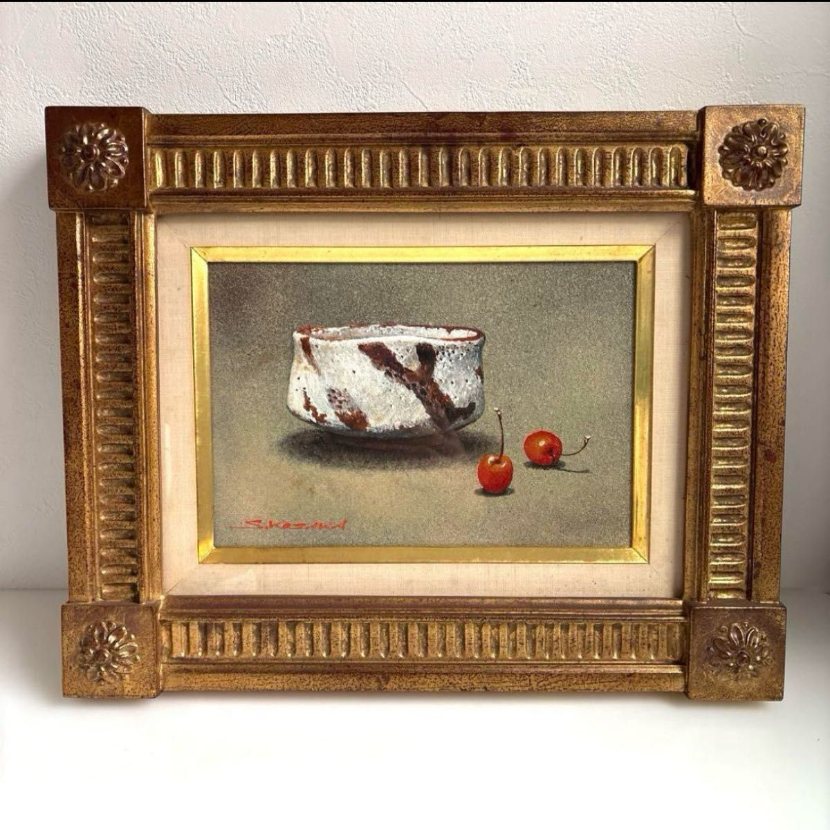 小坂正次 油絵 志野茶碗とサクランボ 額装 静物画 絵画｜Yahoo!フリマ