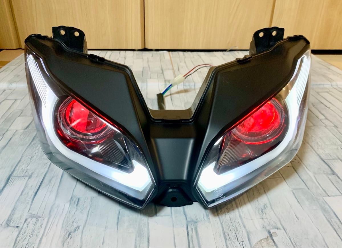 新品 NINJA250 EX250L ZX-6R用 カスタムLEDヘッドライト 白眉+赤目