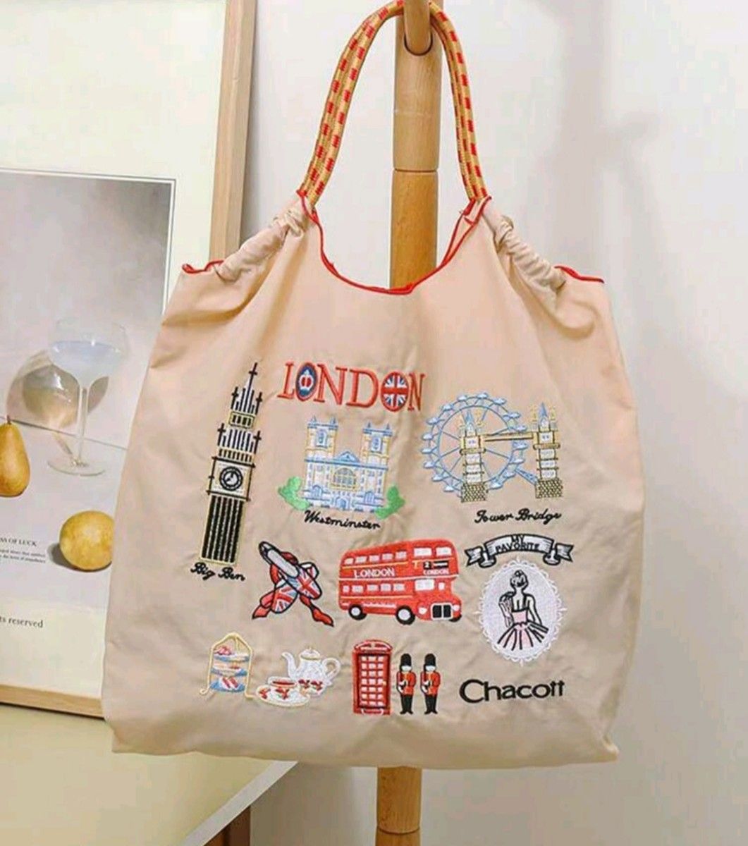 刺繍 エコバッグ ベージュ Mサイズ ロンドン チャコット トートバッグ