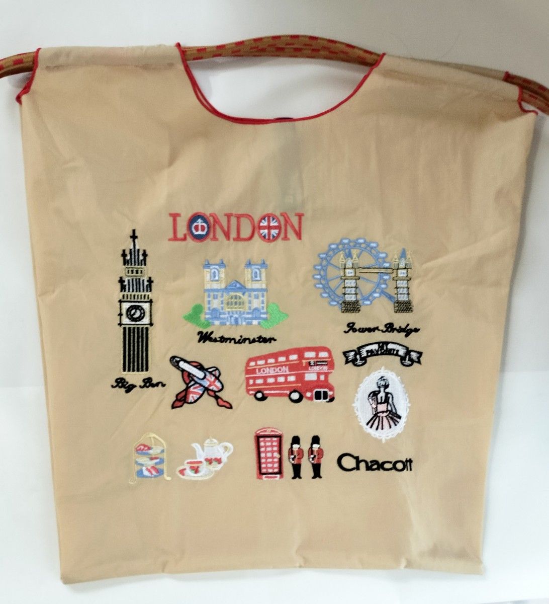 刺繍 エコバッグ ベージュ Mサイズ ロンドン チャコット トートバッグ