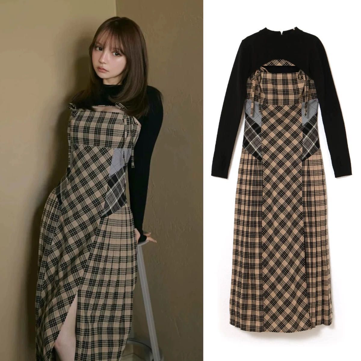 ANDMARY Nadia check long dress Beige andmary Lady like long dress