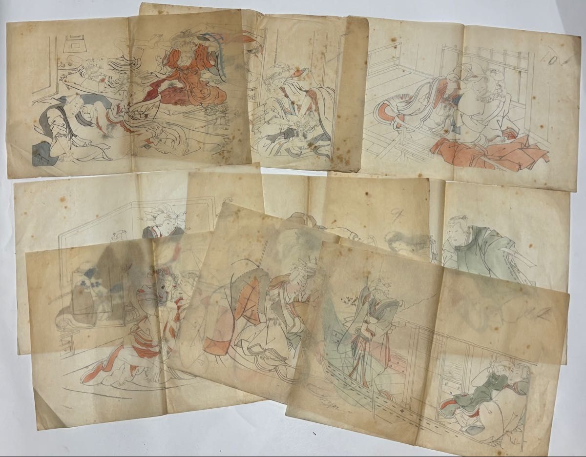 春画粉本 下絵 」9枚|艶本 わじるし ワ印 日本画 和本 江戸時代 浮世絵