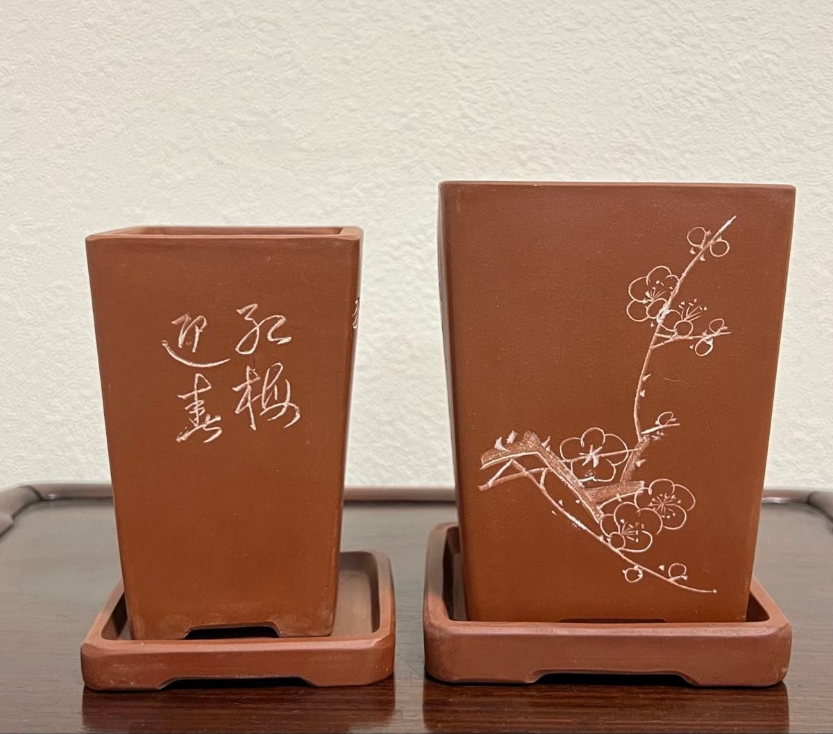 美品 中国美術 紫砂盆栽鉢 植木鉢 梅蘭竹紋樣 四角紫砂鉢 名家紅雨刻