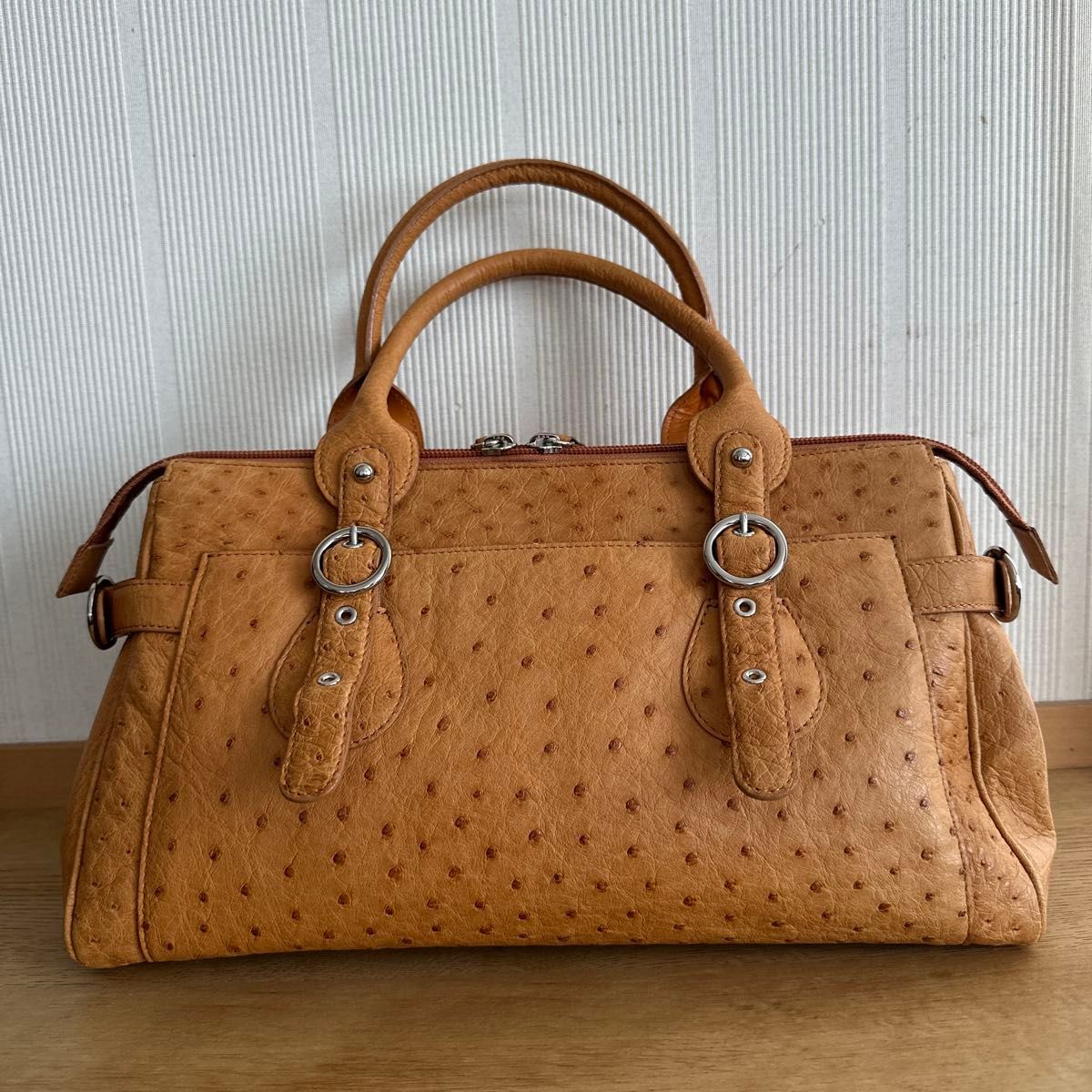 新品未使用 サンポー JRA付オーストリッチ 横長ハンドバッグ キャメル