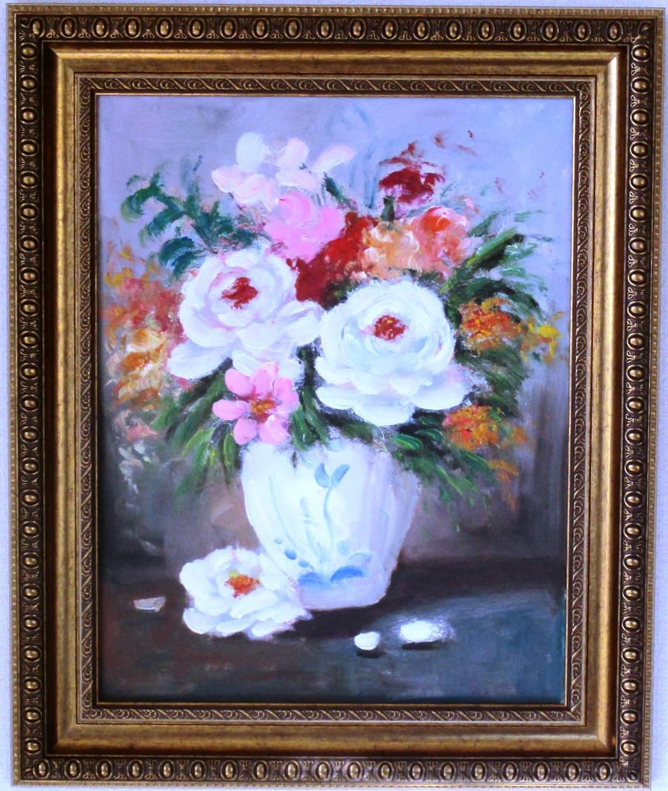 油彩画 花瓶の花 【静物】 額装 肉筆画 メイドイン オーストリア 即決