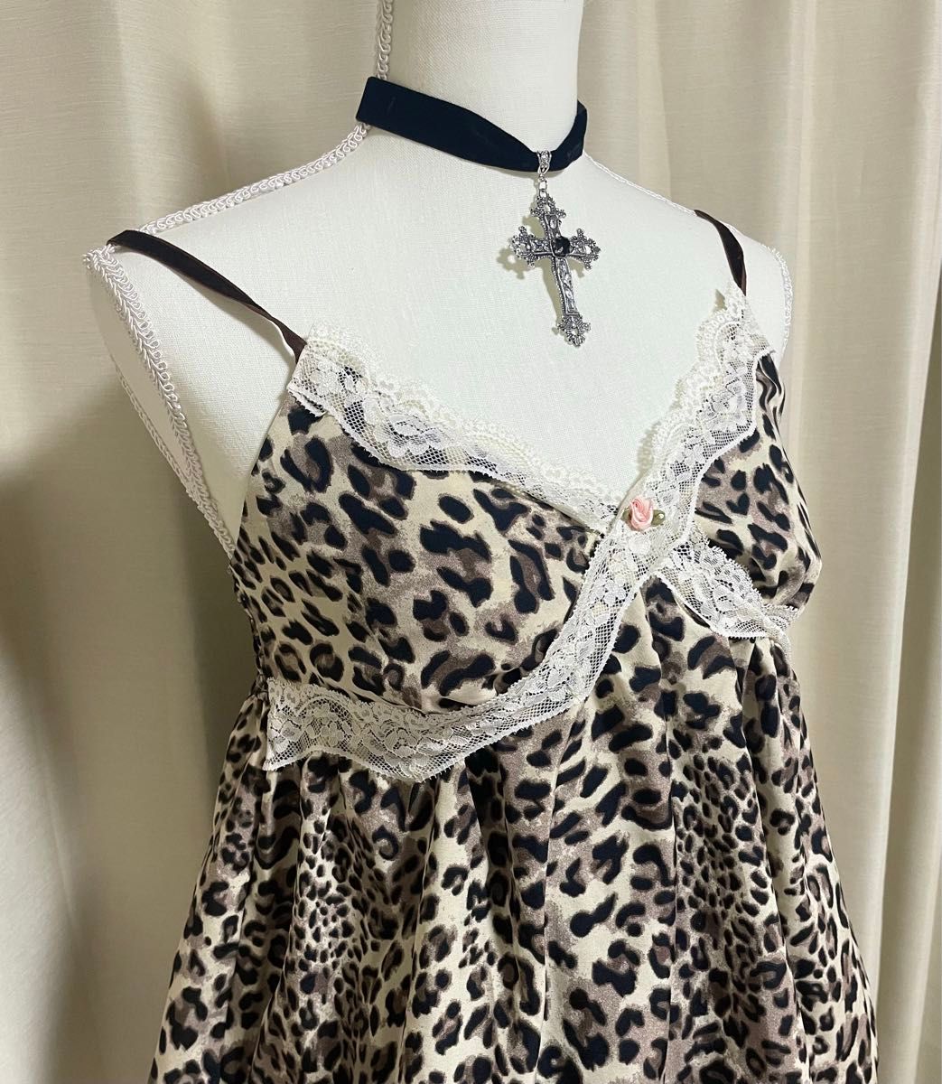 00s y2k 平成ギャル グランジ ヒョウ柄 レース キャミソール フリル M