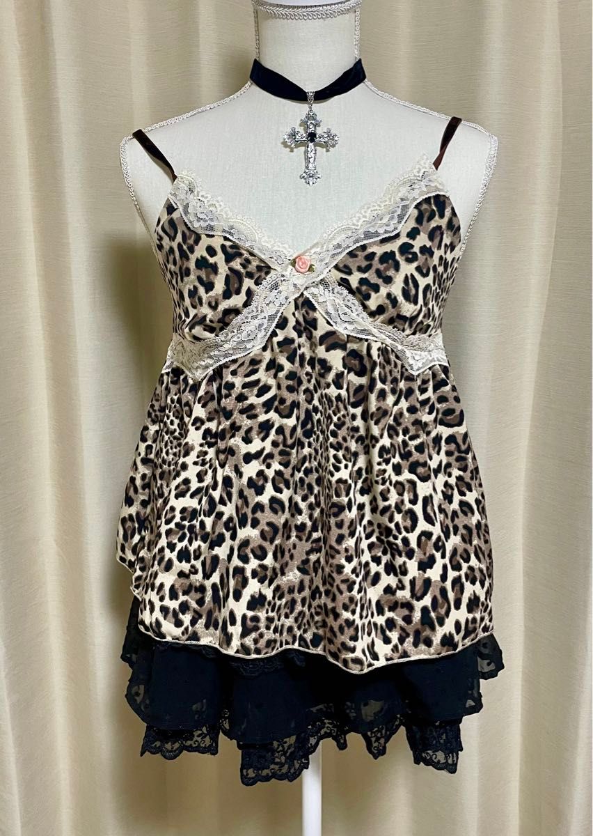 00s y2k 平成ギャル グランジ ヒョウ柄 レース キャミソール フリル M