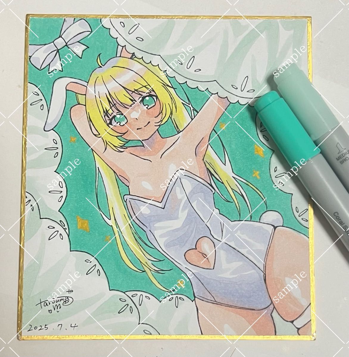 ミニ色紙 直筆イラスト アナログ バニーガール オリジナル コピック