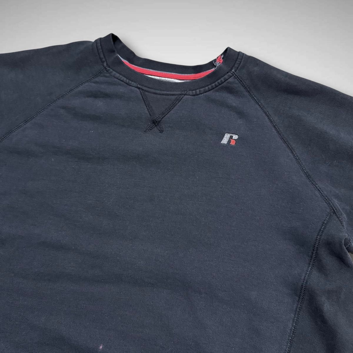 ラッセル無地ブラックスウェット黒ブランクプレミアムフリース古着短丈