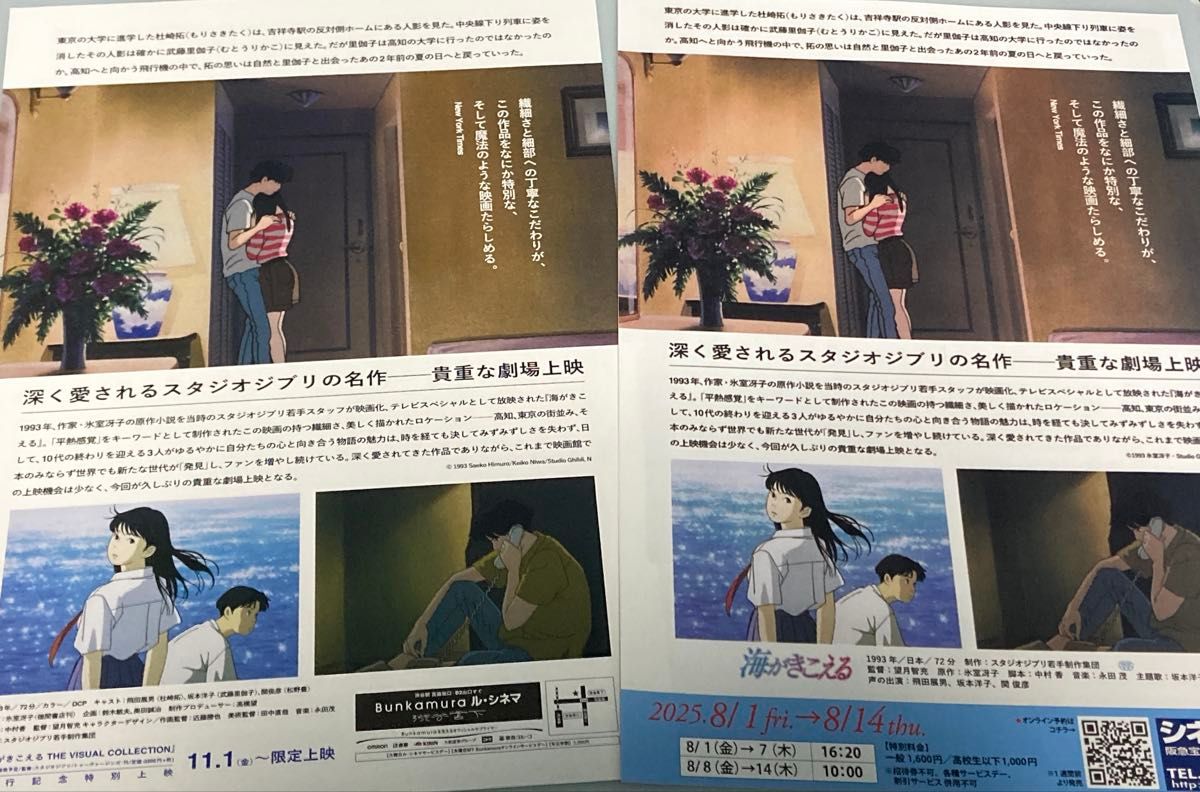 2種類 海がきこえる スタジオジブリ アニメ 映画 フライヤー チラシ