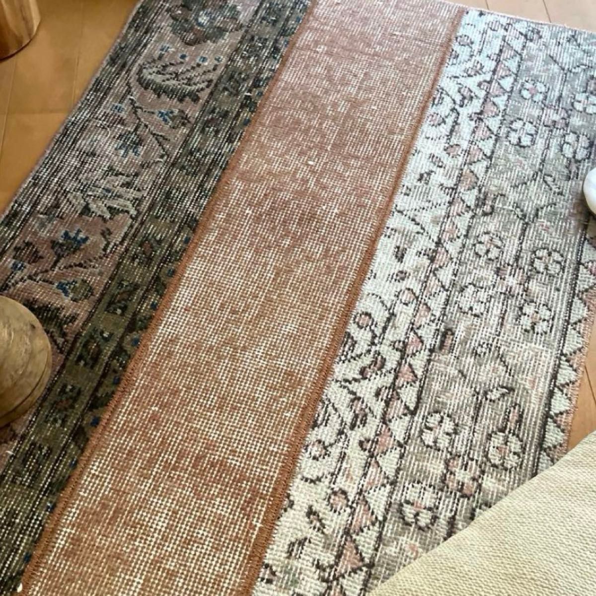 130×184 擦れシャビー サーモン 草花ボタニカル トルコヴィンテージ