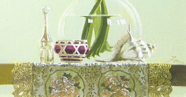 絵画 田浦信勝 肉筆油絵 静物画 黄色いカラー テーブルクロス 絵画田浦