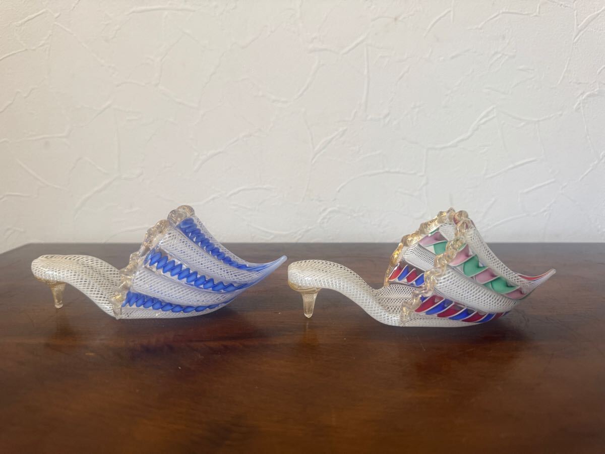 イタリア Murano ムラーノ ガラス オブジェ 置物 靴 ブルー ハイヒール