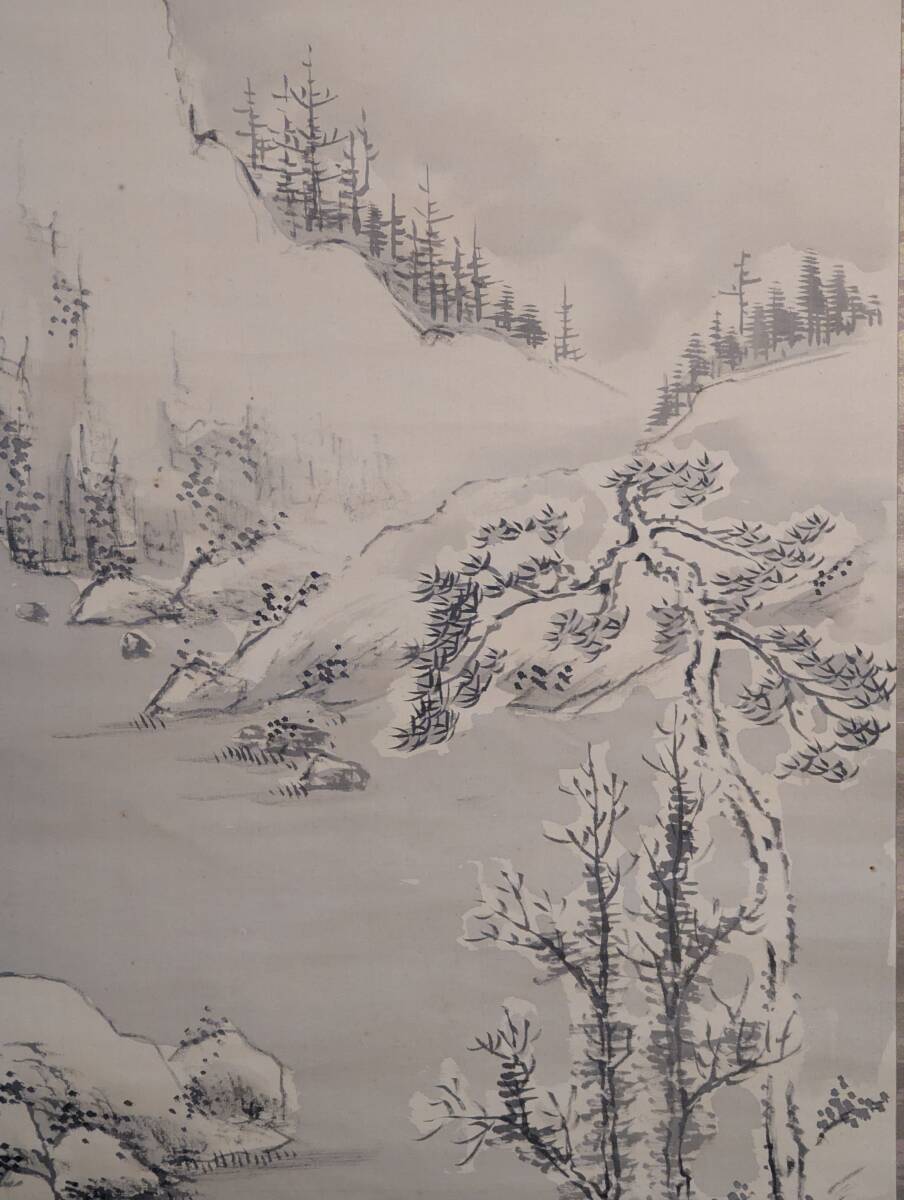 真作】掛軸 水墨雪景山水 墨一色の冬景 南画逸品 共箱入