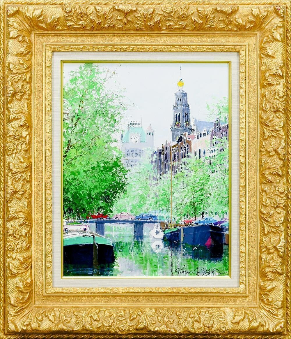 真作 小田切訓「塔のある運河」キャンバスに油彩 F4号 額装・タトウ箱