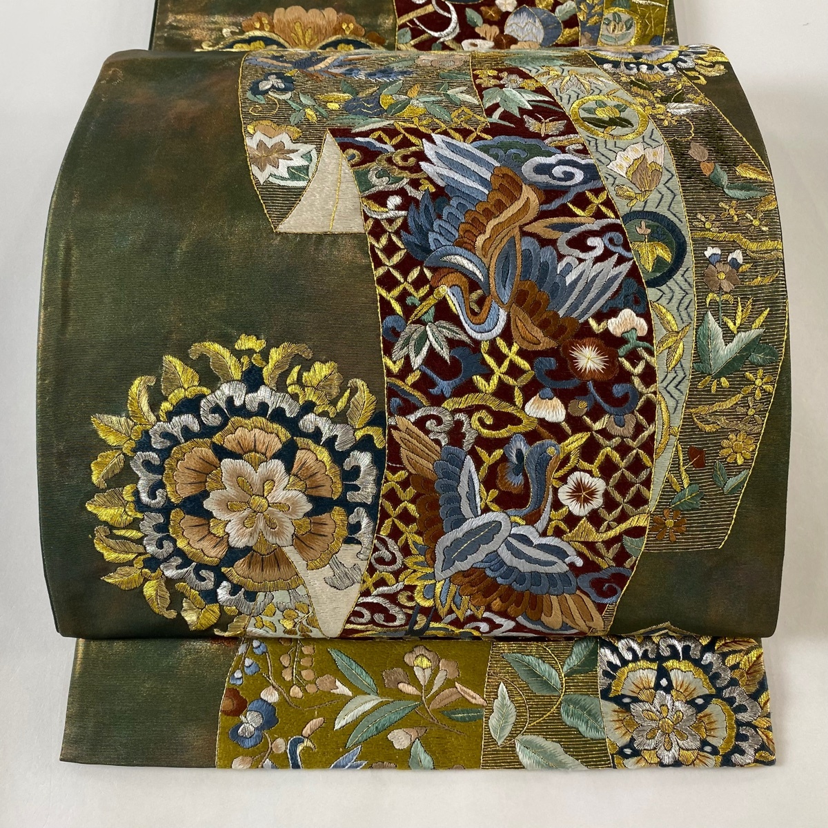 袋帯 袋帯 美品 逸品 六通 正絹 美品 逸品 華文 鳥 刺繍 金銀糸