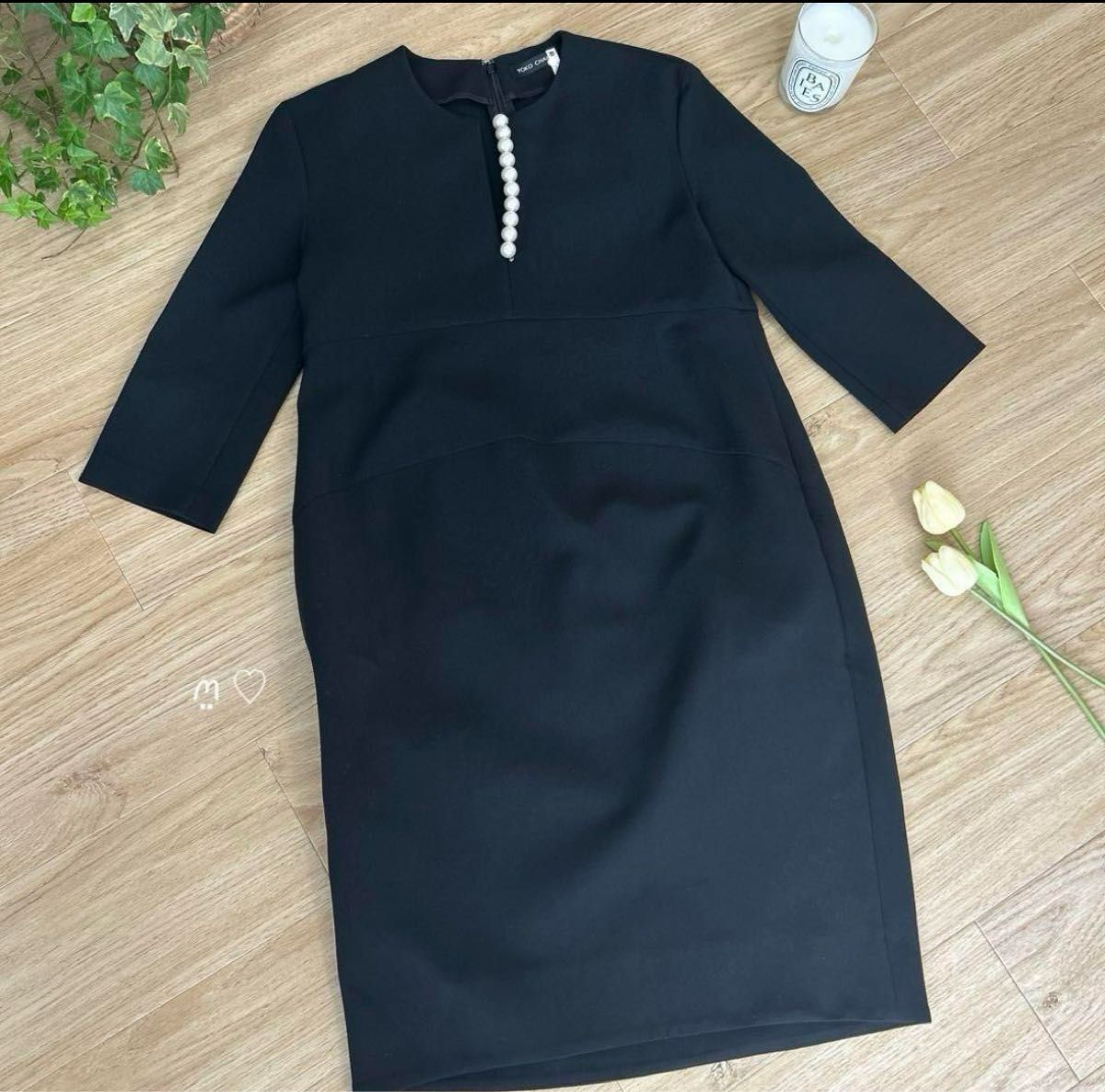 ヨーコチャン ロングスリーブパールスリットラインドレス40 ワンピース