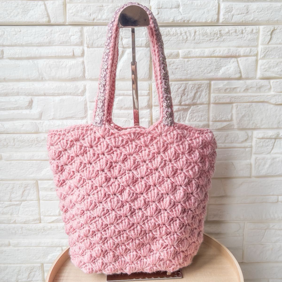 模様編み ニットバッグ 手編みバッグ かぎ針編み 毛糸 インド刺繍