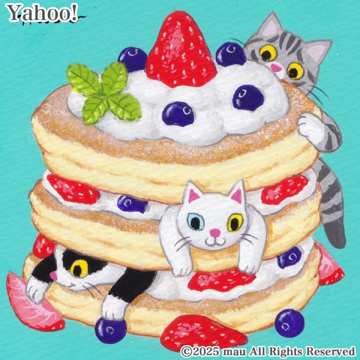 SALE2/28迄】原画「三匹の猫〜苺パンケーキ v2」イラスト/アート/絵画