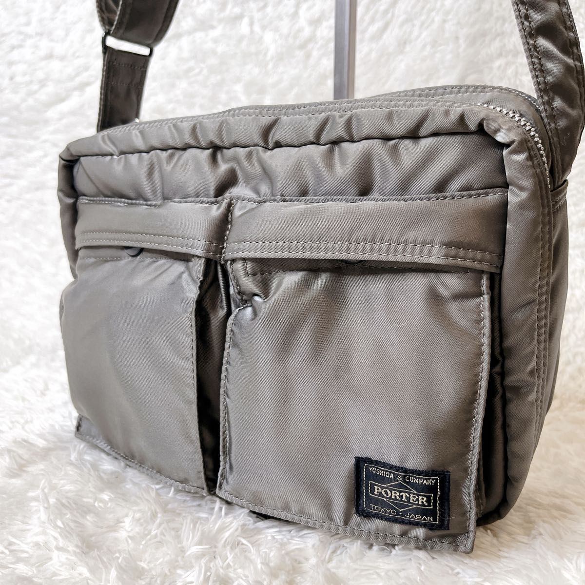 美品 ポーター タンカー シルバーグレー 二層 ショルダーバッグ S