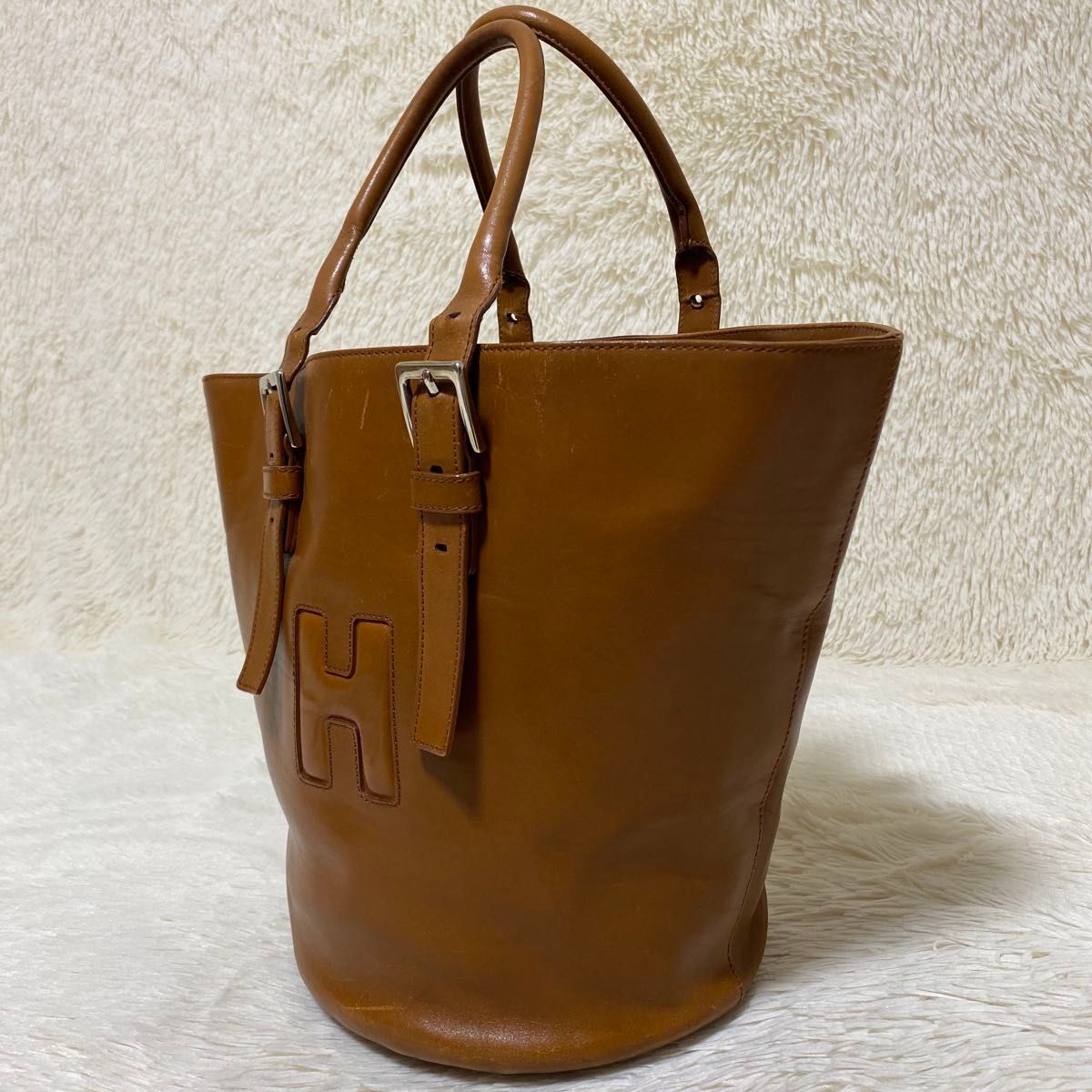 HIROFU ヒロフ ブラウン 本革レザー Hロゴ トートバッグ ハンドバッグ
