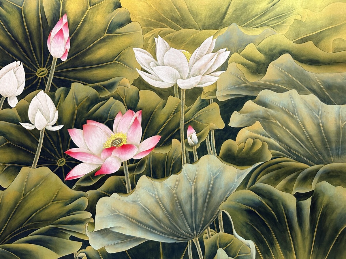 古びた蔵 張大千 拍売会購入 荷花 肉筆保証 日本表装掛軸K7 中国