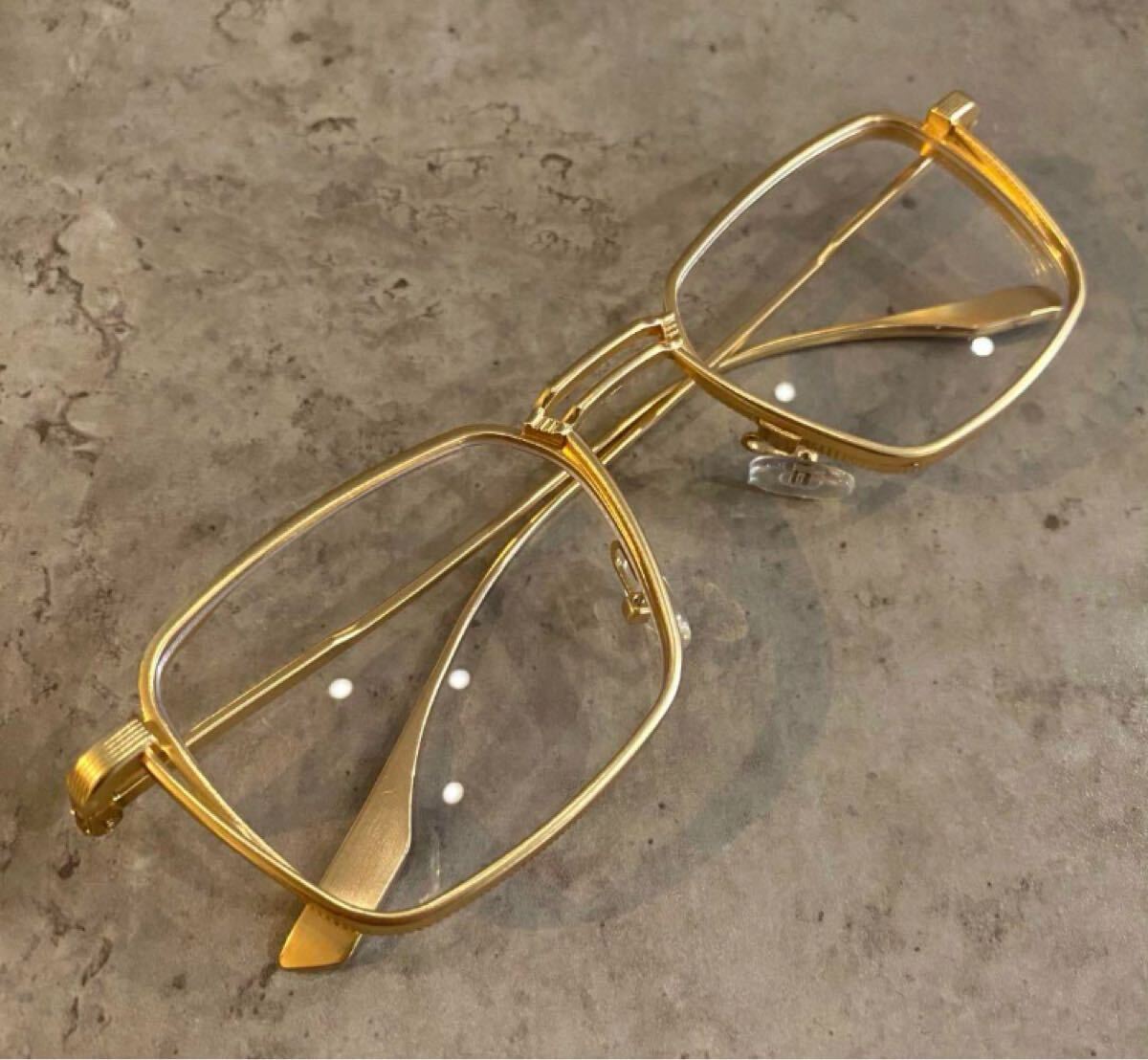 ゴールド スクエアメガネフレーム フレンチヴィンテージ風伊達メガネ