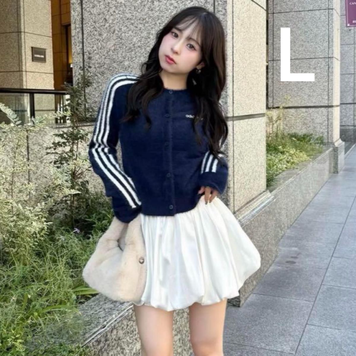 新品未使用】adidas フラッフィー ニットカーディガン L ネイビー