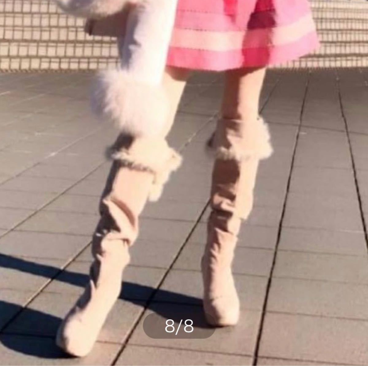 リズリサ ニーハイ ロングブーツ ボンボン 編み上げ ファー ピンク