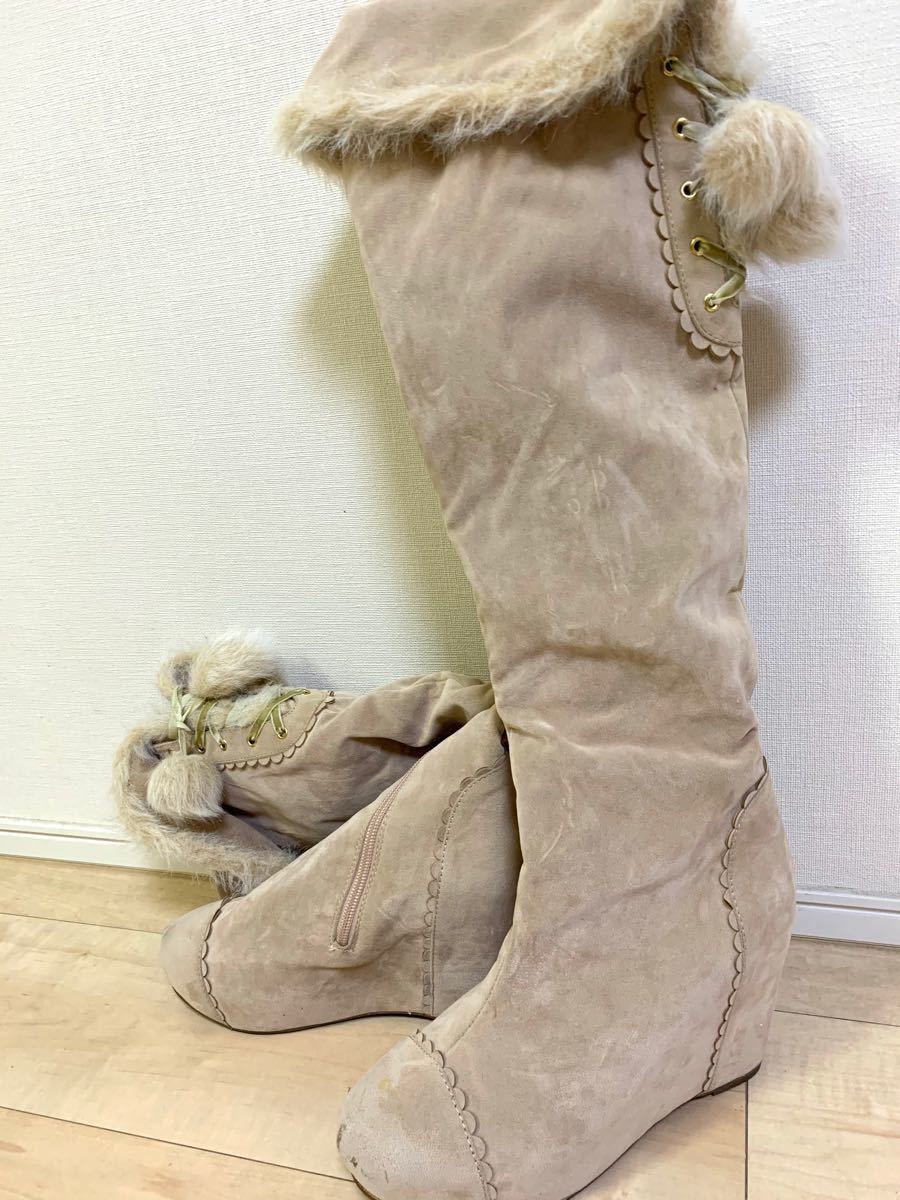 リズリサ ニーハイ ロングブーツ ボンボン 編み上げ ファー ピンク