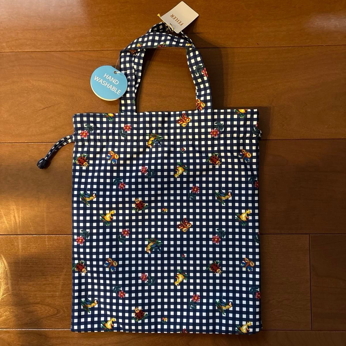 学校フェイラー 手付き巾着 ネイビー ギンガムチェック 新品未使用