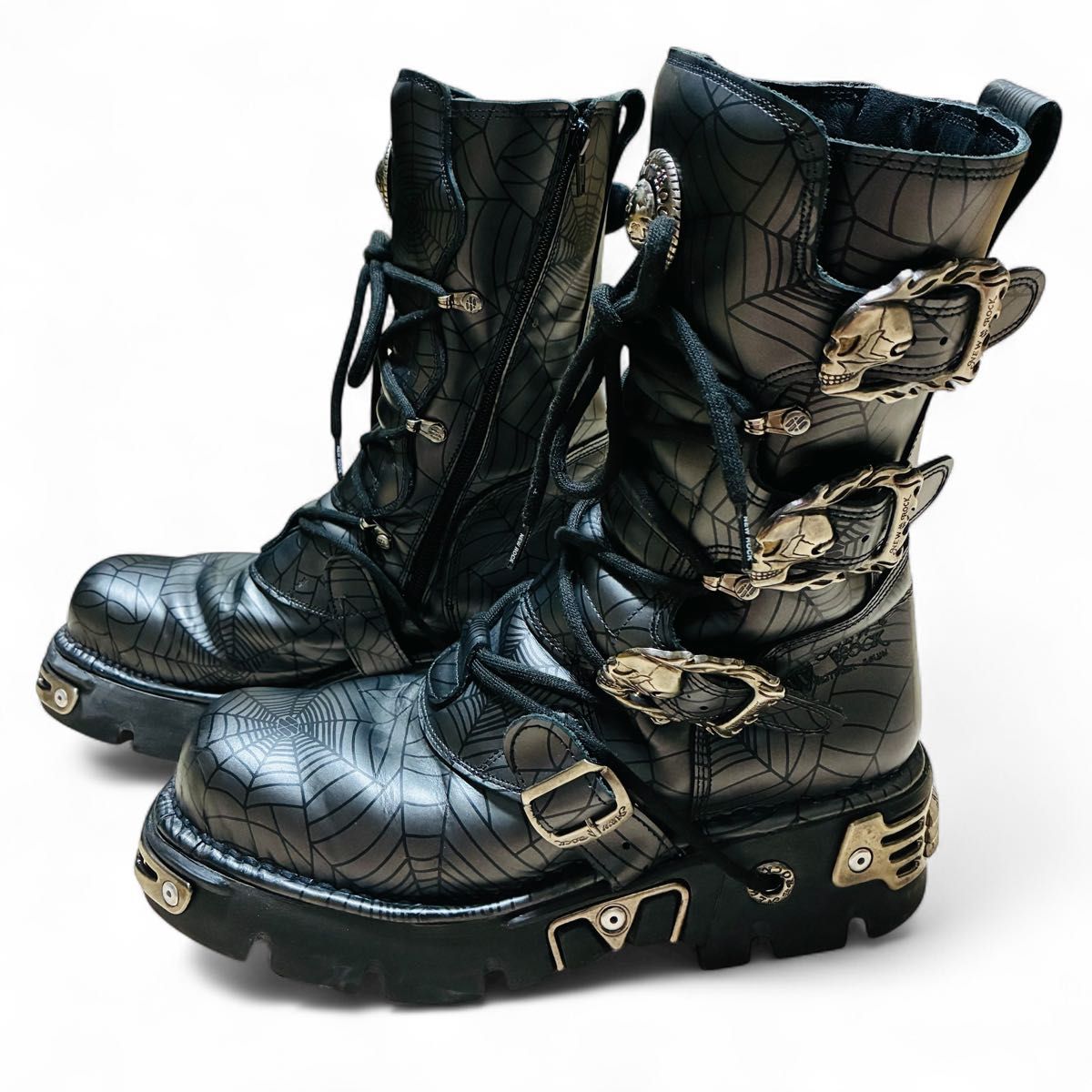 NEW ROCK ニューロック 厚底ブーツ バックル金具 レースアップ 骸骨