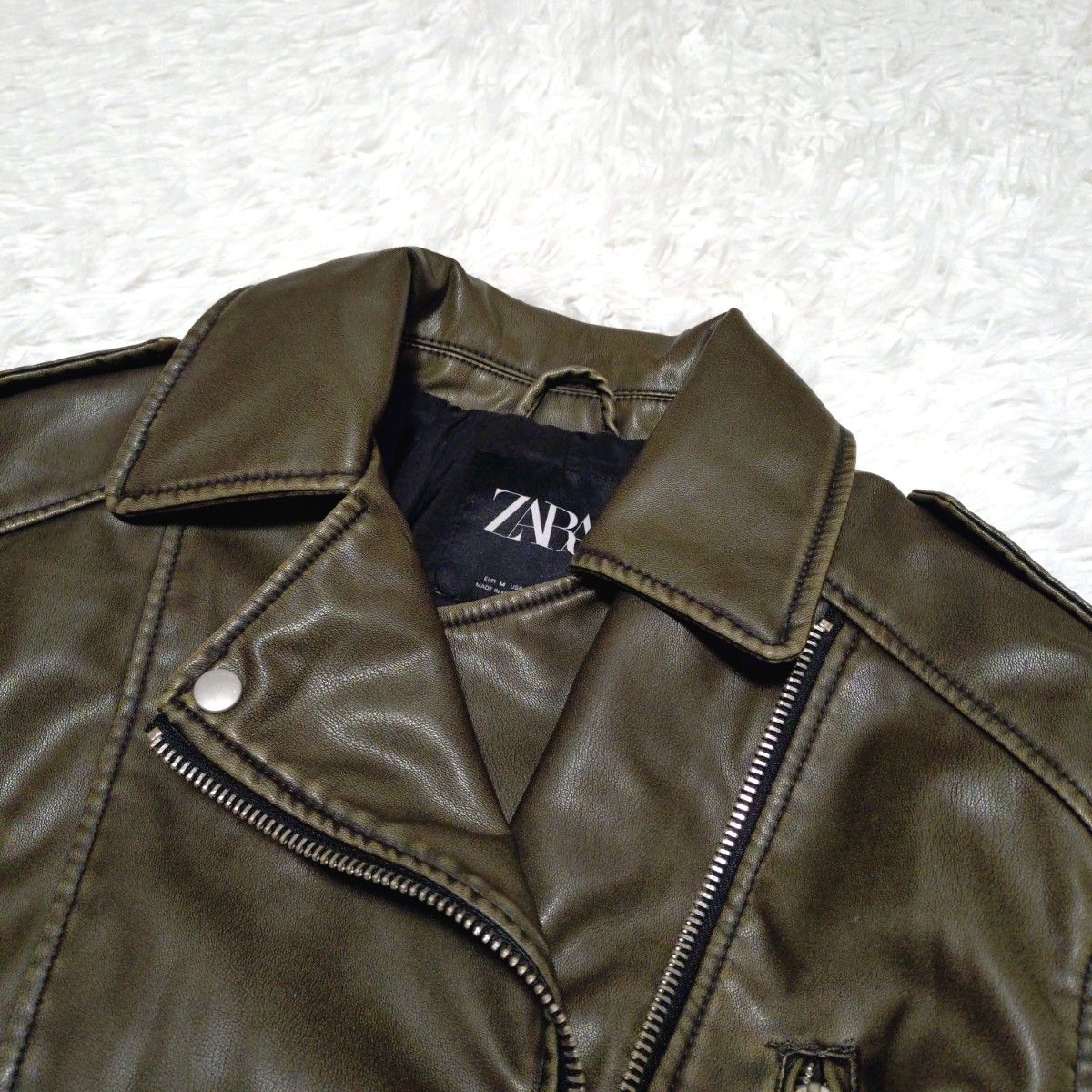 ZARA フェイクレザー クロップドライダースジャケット グリーン M ザラ