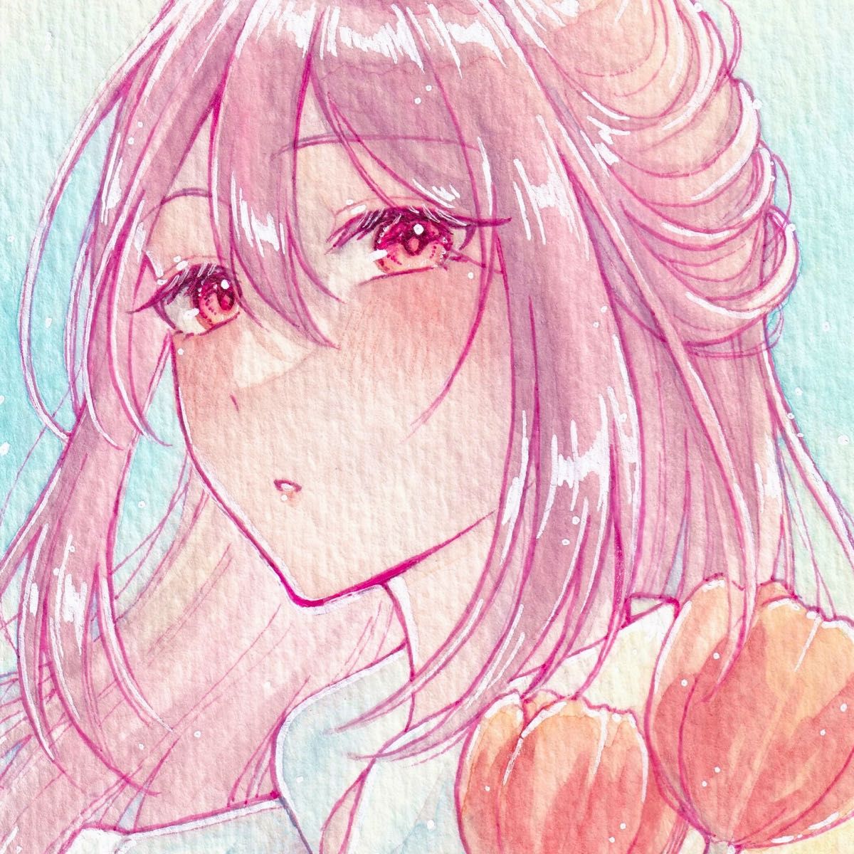 手描きイラスト オリジナル 創作 原画 女の子 春 ピンク チューリップ