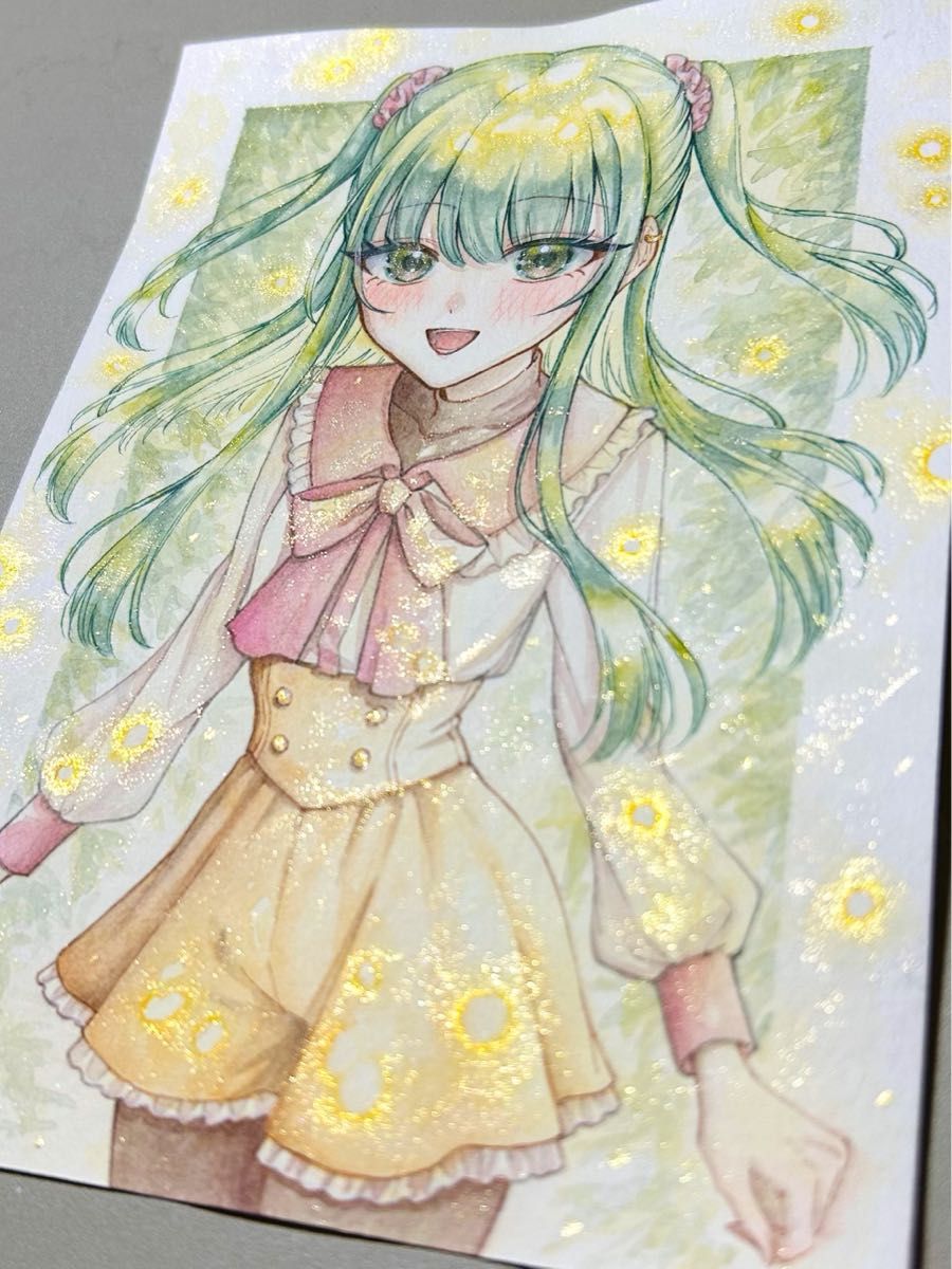 手描きイラスト オリジナル 創作 原画 女の子 緑 B6サイズ｜Yahoo