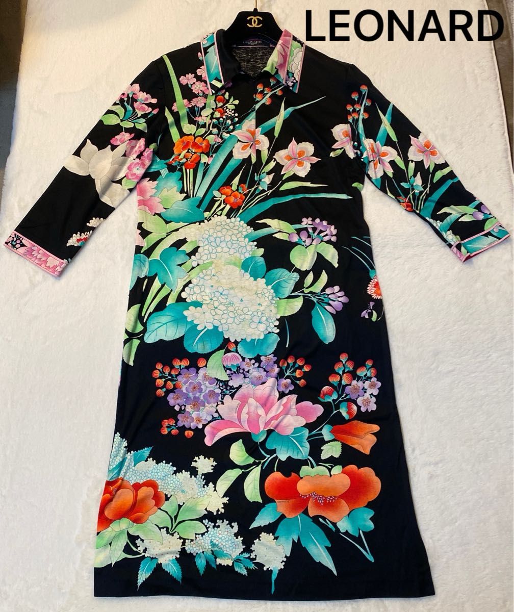 レオナール トリム 花柄 襟付き ワンピース スリットあり 七分袖