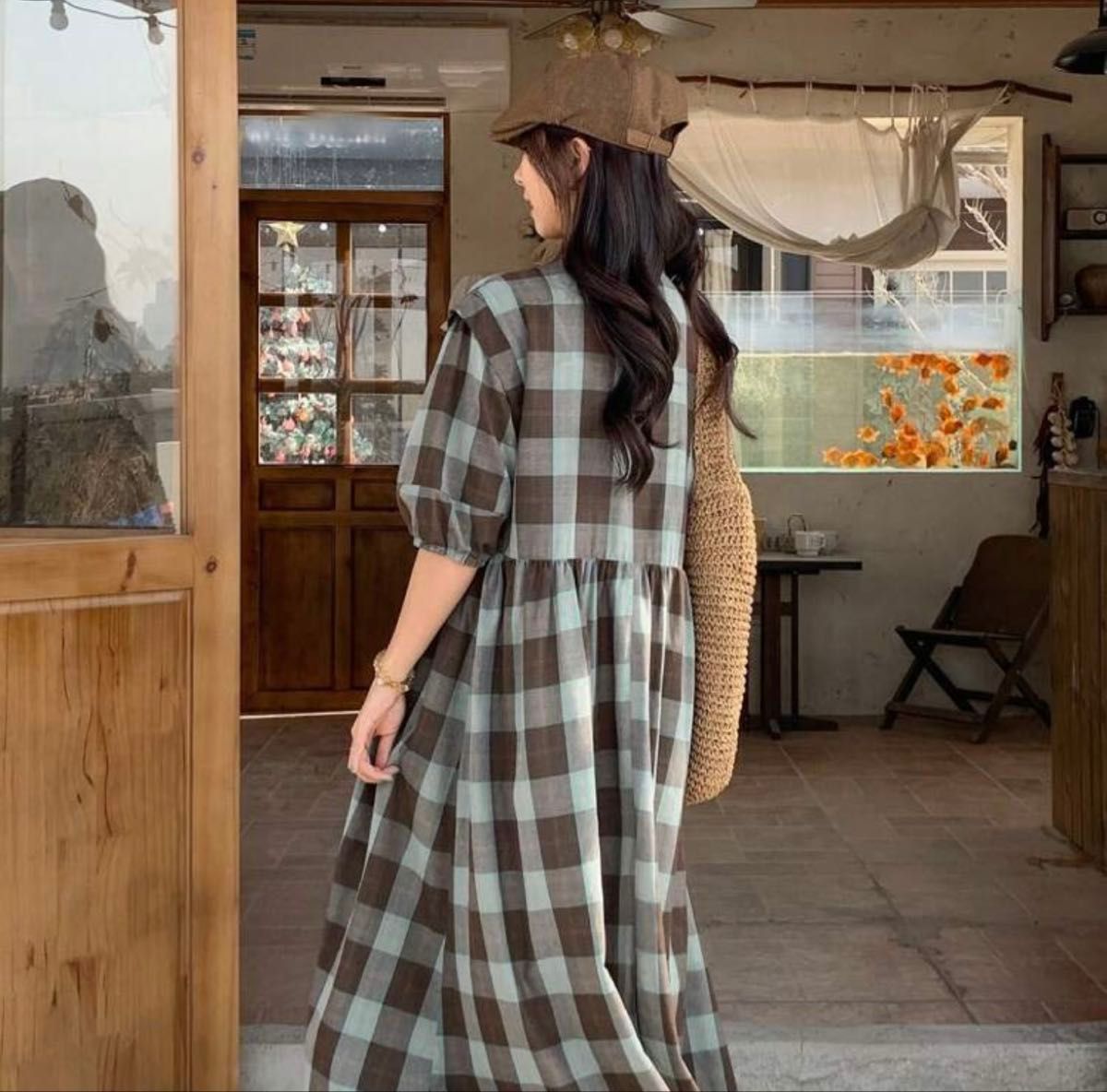 ワンピース チェック 膝下 前開き 秋 ブラウン ブルー 茶 膝丈ワンピ L