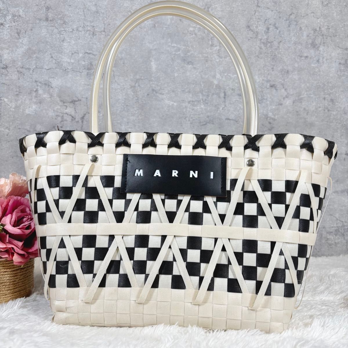 定番】 マルニ トート マーケット カゴバッグ MARNI 白 黒 ハンド かご