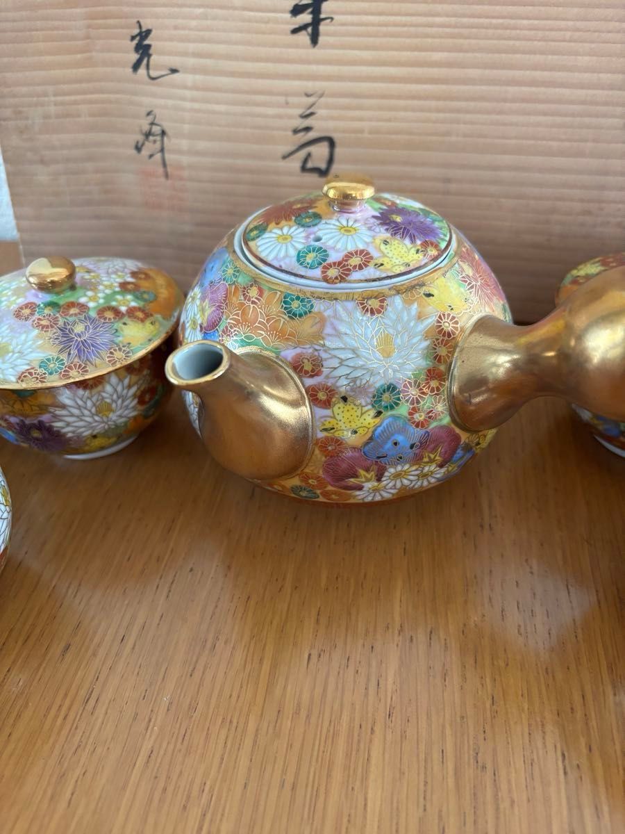 未使用】九谷焼 九谷光峰 花詰/菊詰 金彩 茶器揃 5客 湯呑茶碗/急須