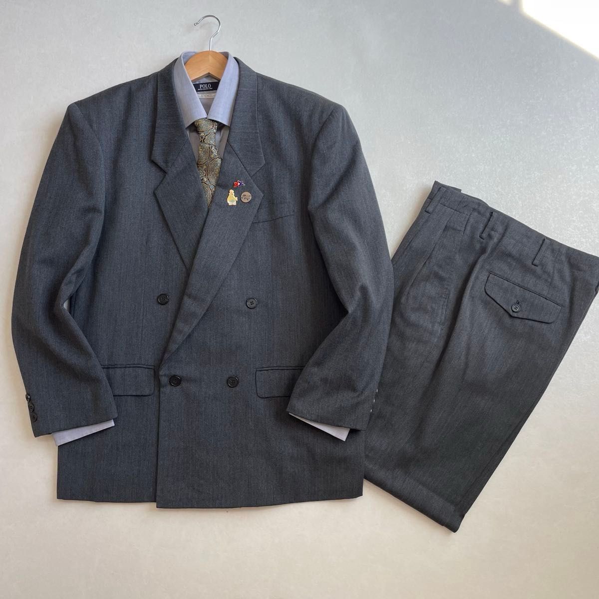 90s ヴィンテージ セットアップ ダブルスーツ グレー 極上ウール