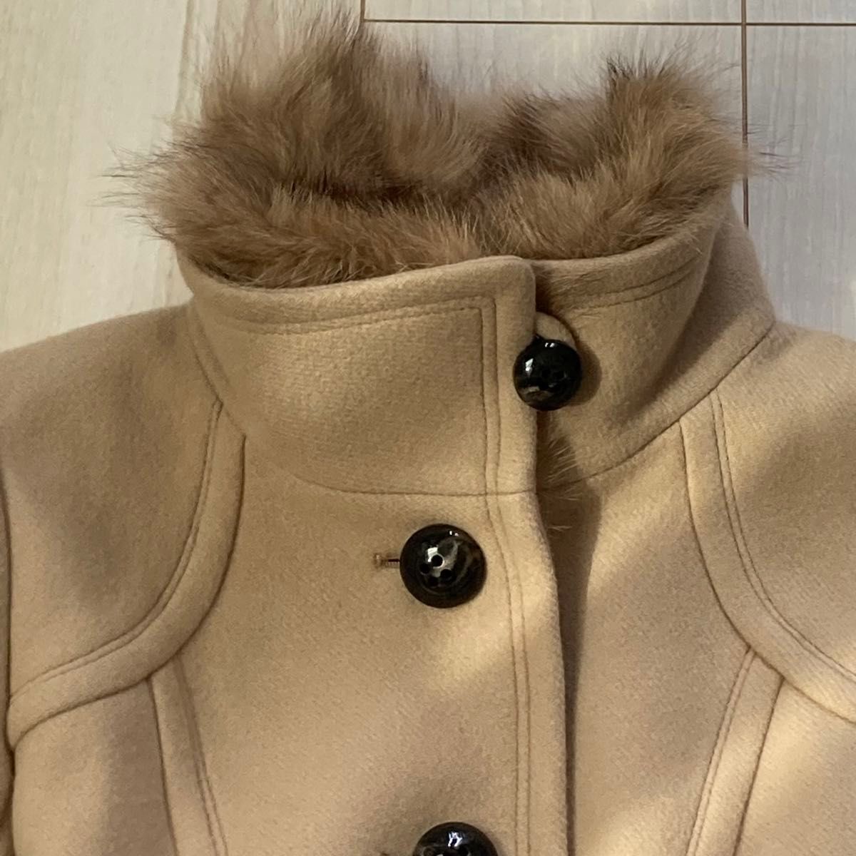 バーバリーブルーレーベル フォックスファー襟2WAYノバチェックウール